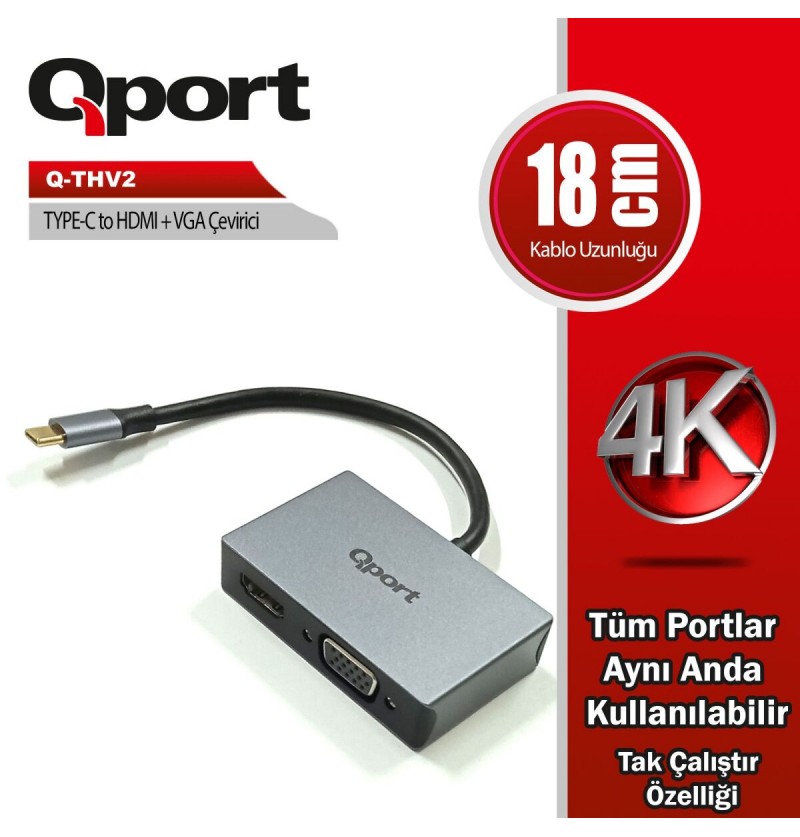 Qport Q-THV2 TYPE-C To HDMI+VGA Çevirici