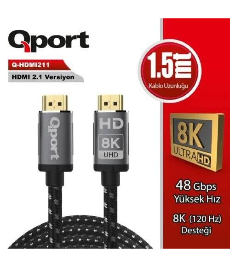 Qport Q-HDMI211 1,5m Hdmi kablo Altın Uçlu Örgülü Kablo 2.1V/8K/Altın Uçlu/Parazit Önleyicil