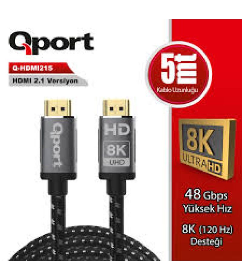 Qport Q-HDMI215 5m Hdmi Kablo 8K 2.1V/8K/Altın Uçlu/Parazit Önleyicili